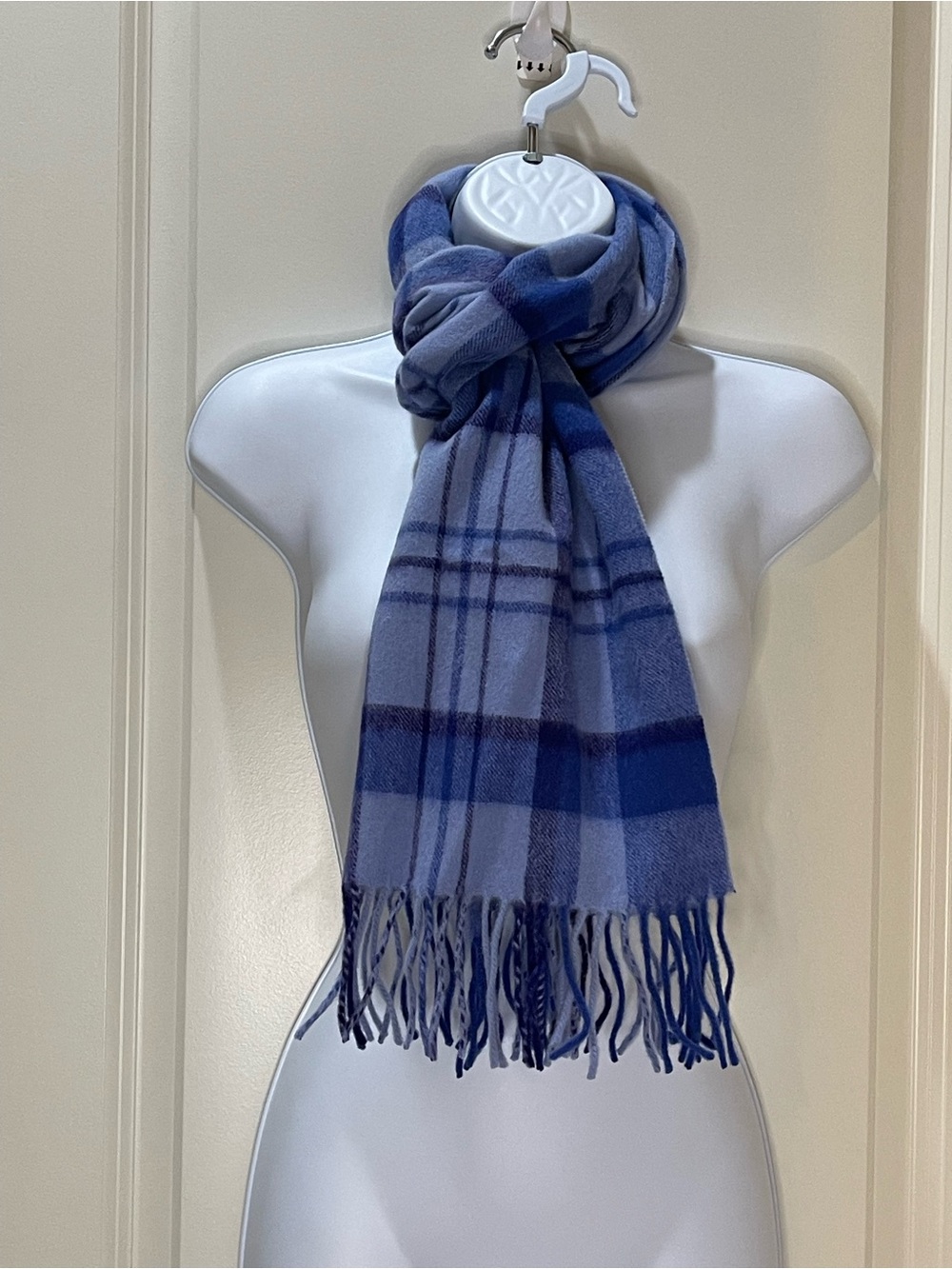 Pure Cashmere Plaid Blue Fringe Scarf